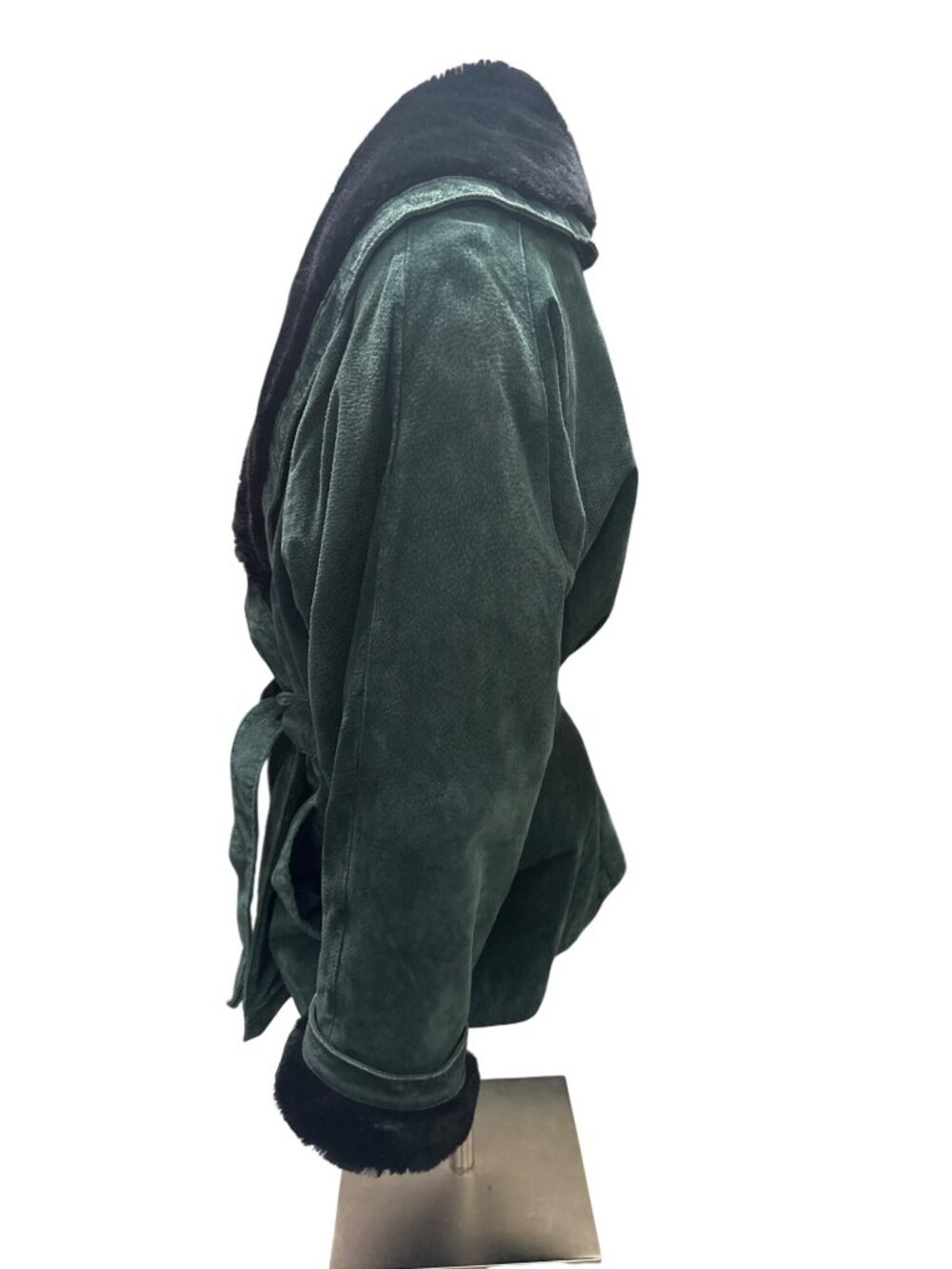 Wilsons Size L Green Suede Leather Faux Fur Shawl Collar Belted Coat Vintage Y2K - Picture 3 of 11
